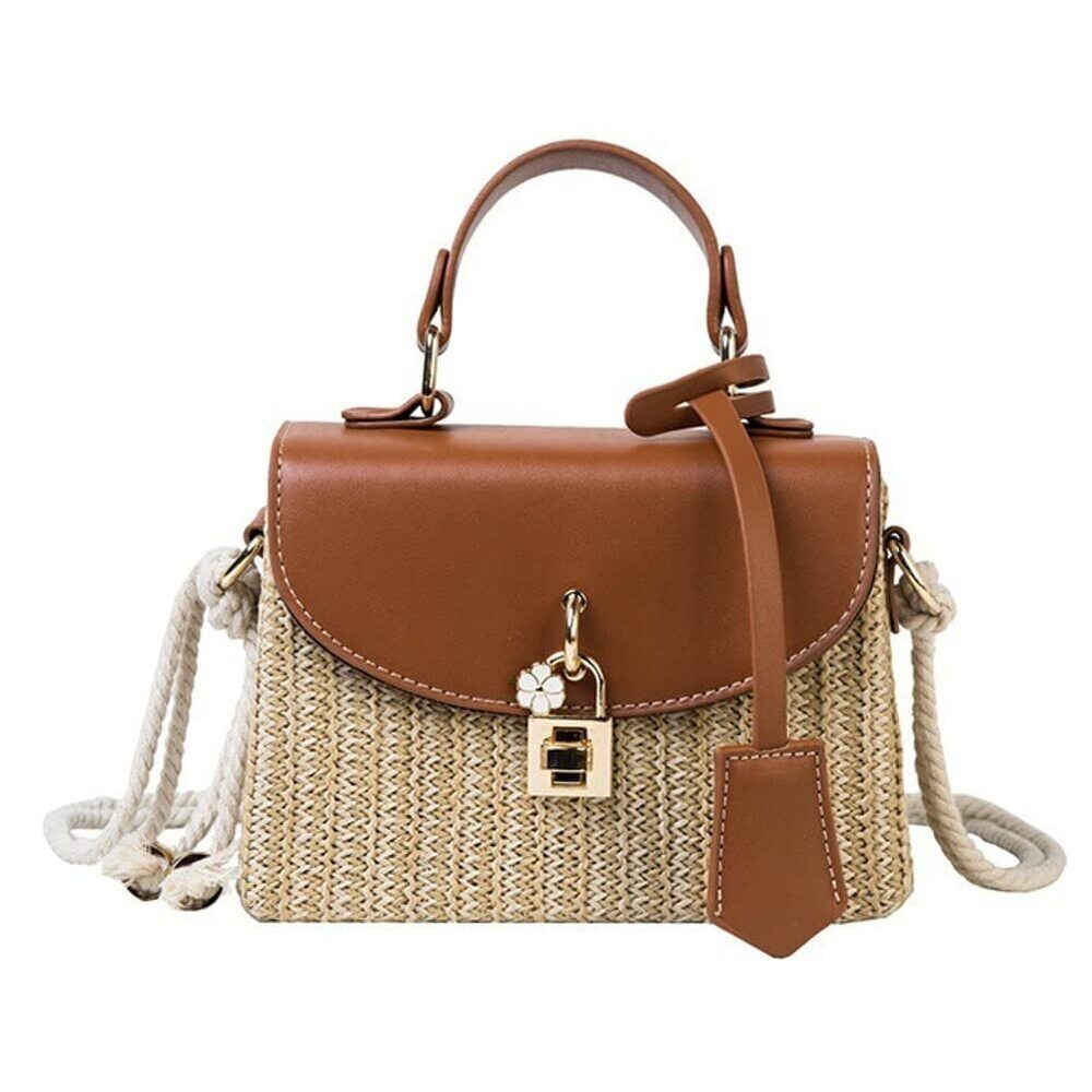6284 Straw Crossbody Bag Hand Woven Shoulder Bag Leather Top Handle Small
